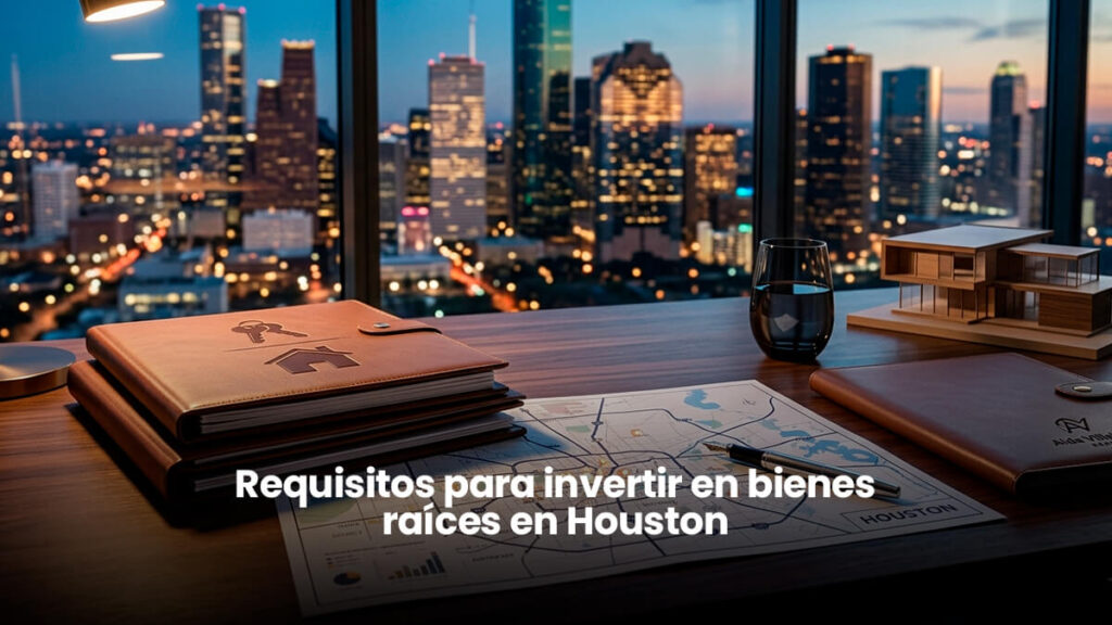 Planos de arquitectura y documentos financieros sobre una mesa de madera con el skyline de Houston Texas al fondo, representando los requisitos legales y de crédito para invertir en bienes raíces en Texas con Aida Villalobos Realtor.