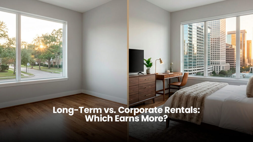 A professional high-resolution split-screen image comparing a bare residential bedroom (left) representing a long-term rental opportunity to a fully furnished luxury Houston, Texas corporate suite (right).