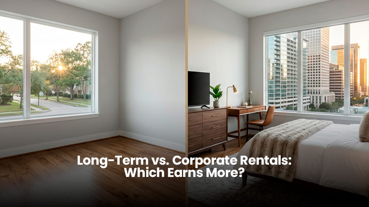A professional high-resolution split-screen image comparing a bare residential bedroom (left) representing a long-term rental opportunity to a fully furnished luxury Houston, Texas corporate suite (right).