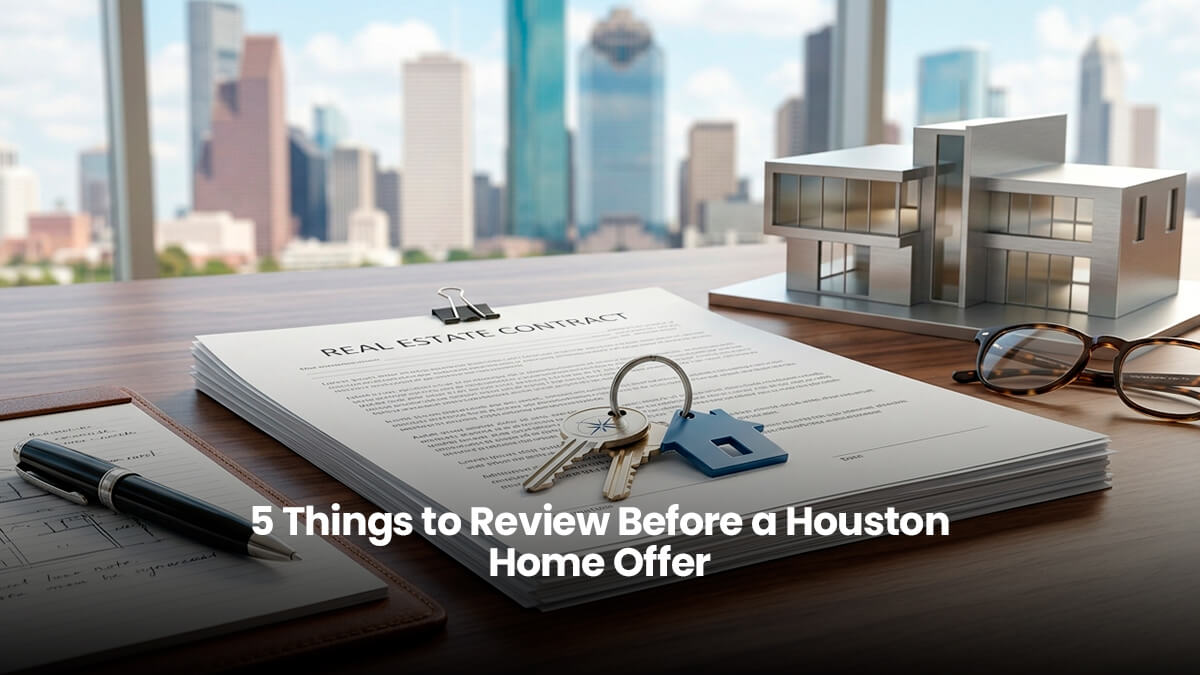 Real Estate Contract on a wooden desk with house keys, eyeglasses, and a modern architectural home model, featuring the blurred Houston Texas skyline in the background through a high-rise office window.