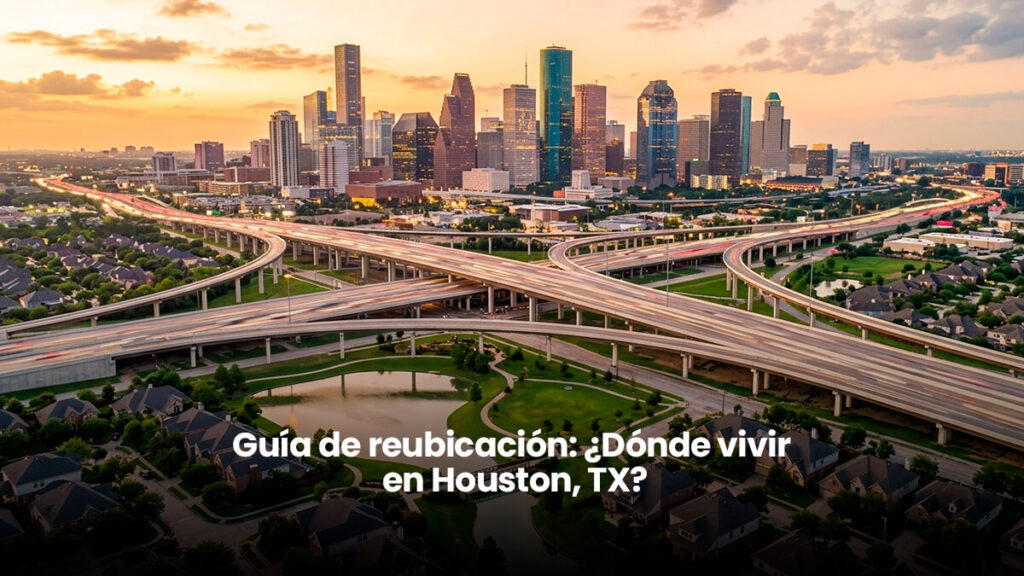 Vista aérea panorámica del skyline de Houston, Texas, durante el atardecer, conectando los rascacielos urbanos del Inner Loop con las comunidades planeadas y vecindarios residenciales de los suburbios a través de una red de autopistas. Imagen que ilustra la guía de reubicación y el mercado inmobiliario de Houston de la Realtor Aida Villalobos.