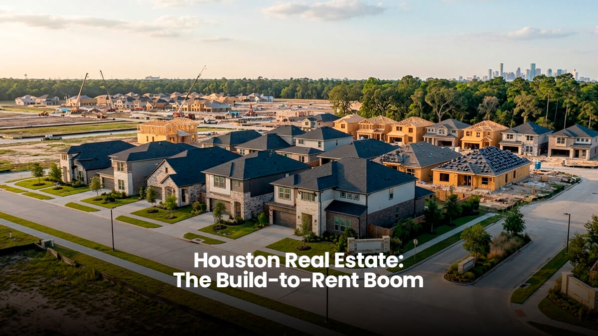 Aerial view of a newly constructed single family build-to-rent community development in a Houston Texas suburb featuring modern residential real estate and a distant city skyline.