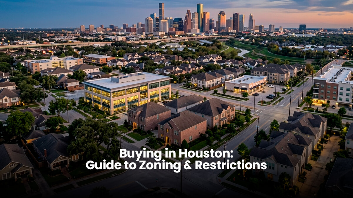 Aerial view of a Houston residential neighborhood with a mix of single-family homes and commercial buildings, illustrating Houston's unique land-use and development landscape.