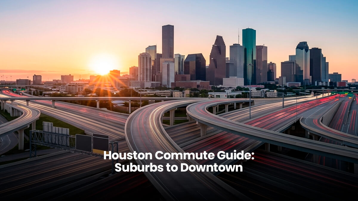 Aerial view of Houston highway system and downtown skyline at sunset, representing the commute from master-planned suburbs like Katy, Sugar Land, and The Woodlands to Downtown Houston.