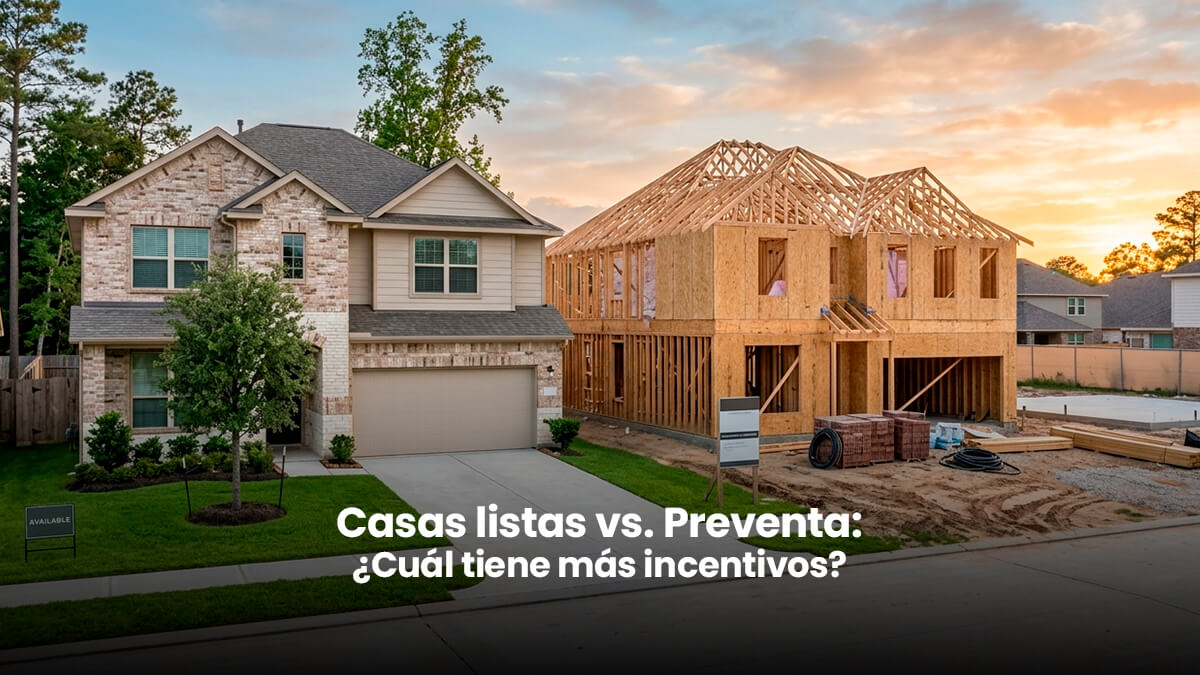 Comparativa de casas nuevas en Houston: a la izquierda una casa lista para mudarse con jardín terminado y a la derecha una casa en construcción en preventa con estructura de madera expuesta durante el atardecer en una comunidad residencial de Texas.
