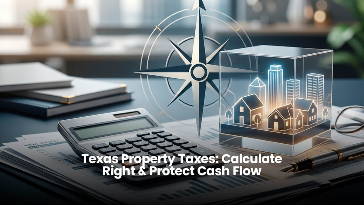 Professional real estate financial desk setting featuring a calculator, financial graphs, analytical charts, a luxury pen, and a transparent glass cube containing glowing miniature houses and buildings, symbolizing Texas property tax calculation and cash flow protection.