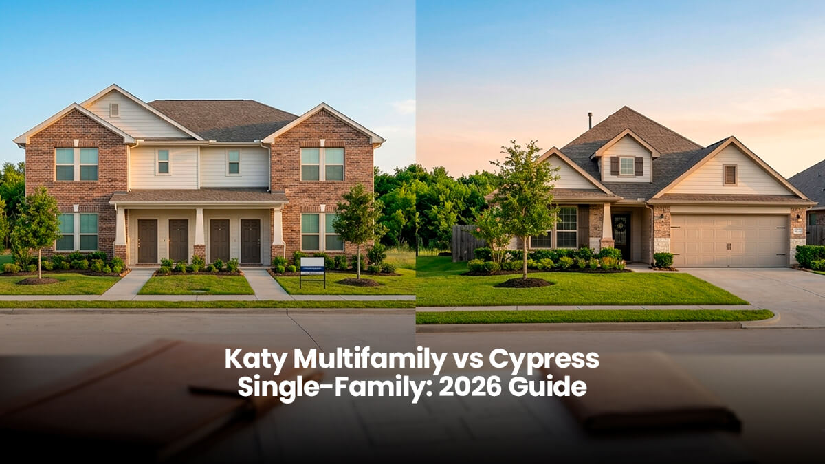 Side-by-side comparison of a modern Katy TX multifamily property duplex and a Cypress Texas single-family home in a master-planned community.