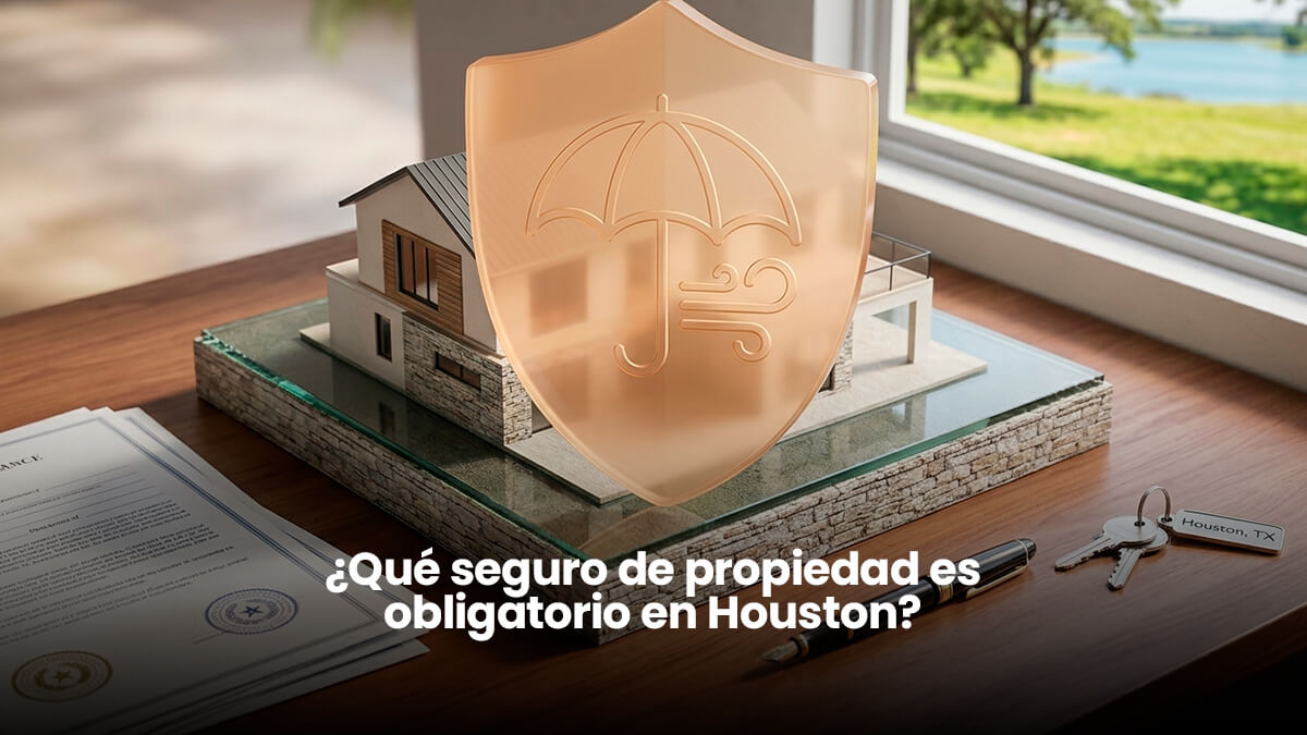 Maqueta de casa en Houston protegida por un escudo de cristal simbólico, junto a llaves y pólizas de seguro de propiedad sobre un escritorio.