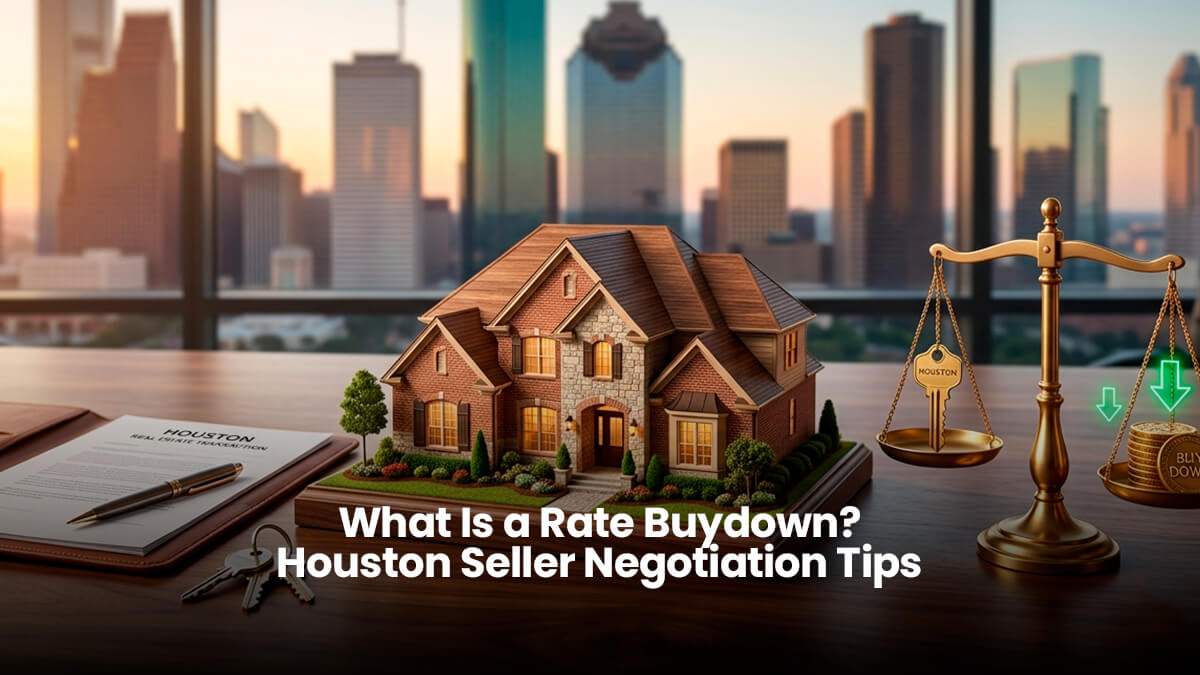 Detailed miniature model of a luxury Houston home on a wooden desk, featuring a gold balance scale lowering a key and coins with green arrows. The modern Houston city skyline is visible through a large window in the background during golden hour.