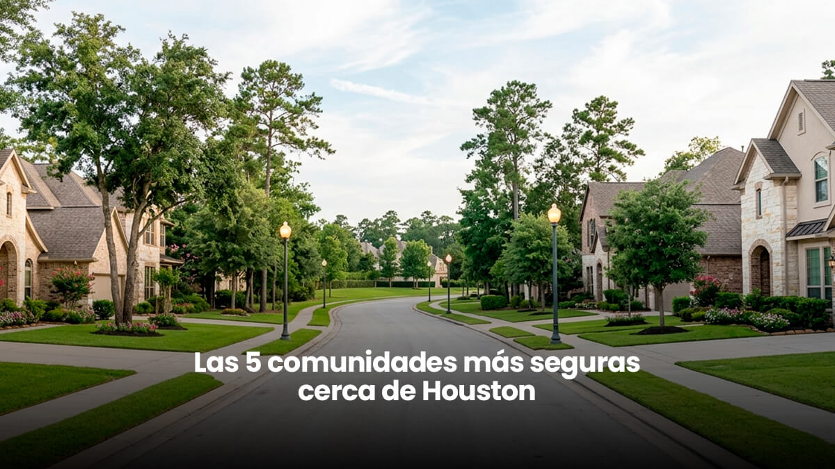 Calle residencial arbolada y pacífica con casas unifamiliares de estilo texano en una de las comunidades más seguras cerca de Houston.