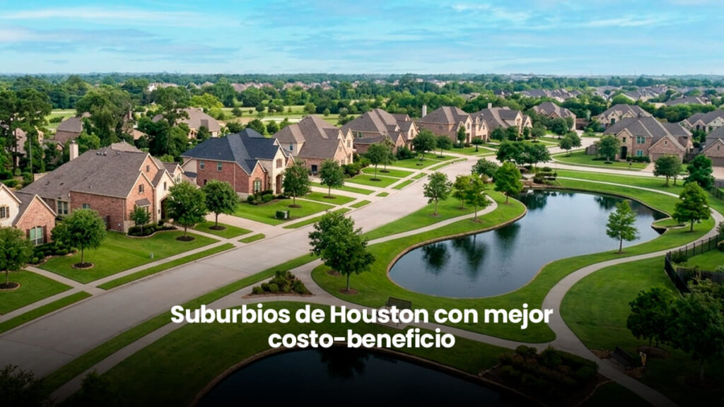 Vista aérea de un vecindario residencial en los suburbios de Houston Texas, mostrando casas en venta con amplios terrenos, áreas verdes, lagos artificiales y comunidades planificadas típicas de zonas con excelente costo-beneficio y alta plusvalía inmobiliaria.