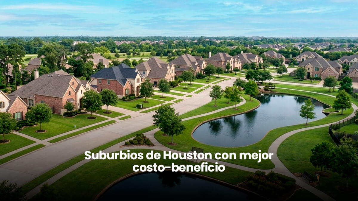 Vista aérea de un vecindario residencial en los suburbios de Houston Texas, mostrando casas en venta con amplios terrenos, áreas verdes, lagos artificiales y comunidades planificadas típicas de zonas con excelente costo-beneficio y alta plusvalía inmobiliaria.