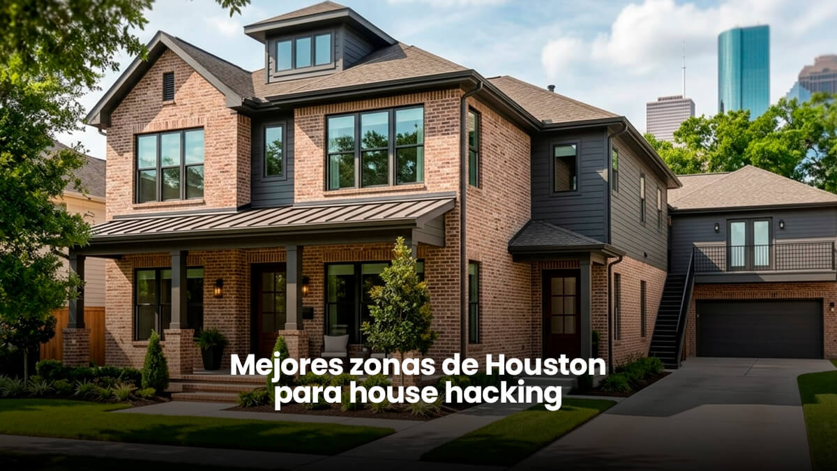 Dúplex residencial moderno de varias viviendas en un barrio de alta demanda de Houston, con vistas parciales al horizonte del centro de Houston, perfecto para inversiones inmobiliarias tipo "house hacking".