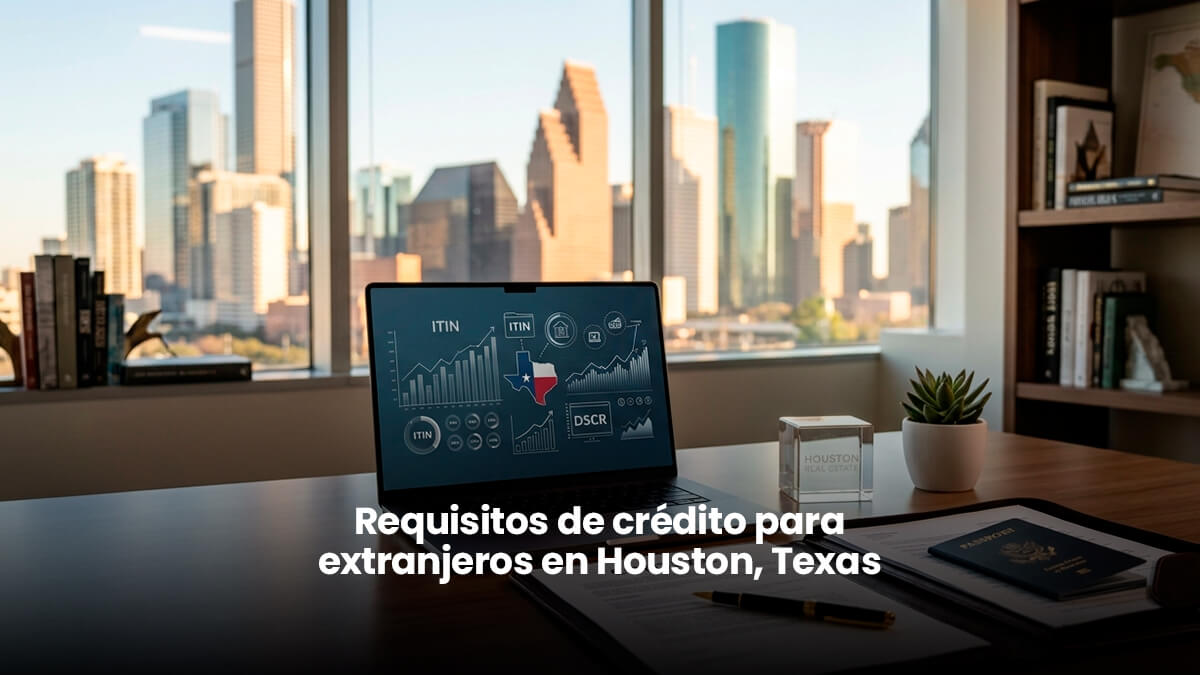 Escritorio con documentos legales, pasaporte y laptop mostrando análisis financieros frente al horizonte de Houston, representando los requisitos de crédito hipotecario para extranjeros que buscan comprar casa en Texas.