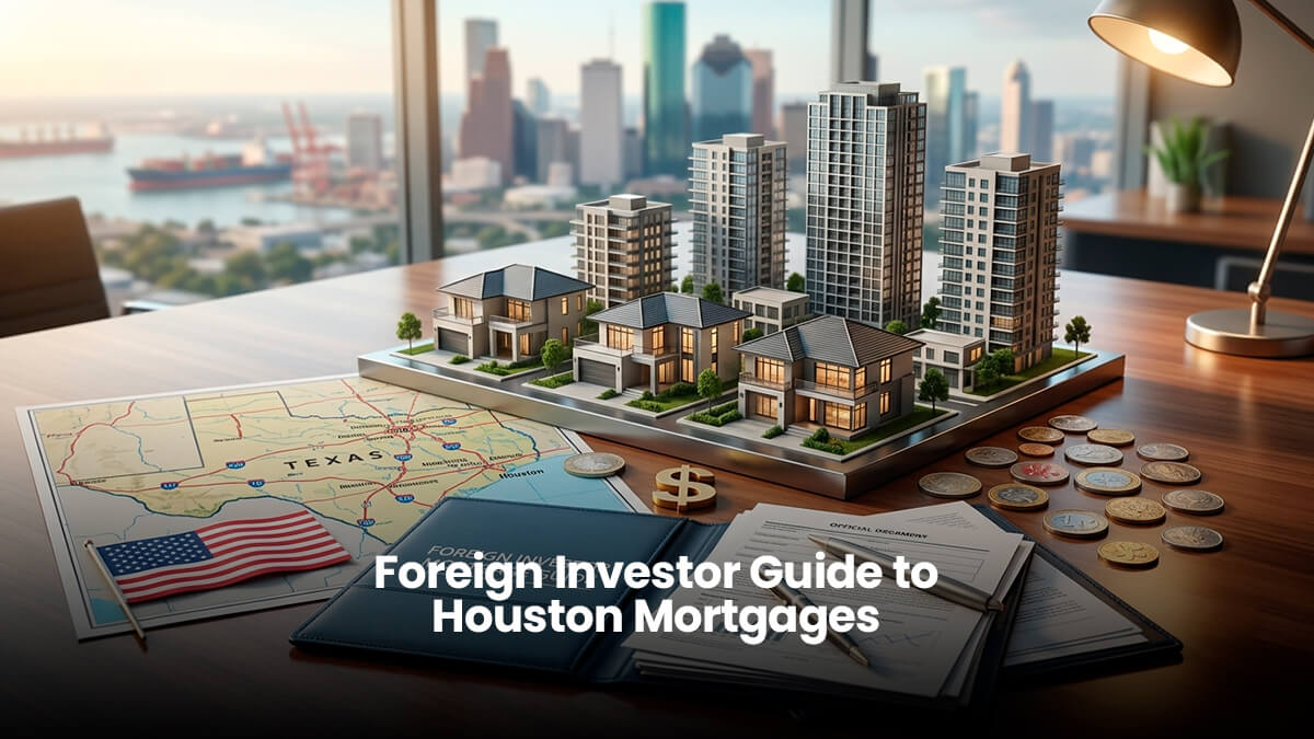 Professional real estate investment layout on a desk featuring a Texas map, mortgage documents, financial charts, coins, and 3D architectural models of Houston residential homes and high-rise apartments, with the Houston skyline blurred in the background.