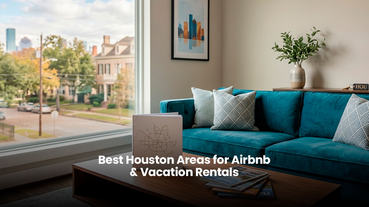 Modern living room of an Airbnb vacation rental in Houston, Texas with a view of the city skyline.