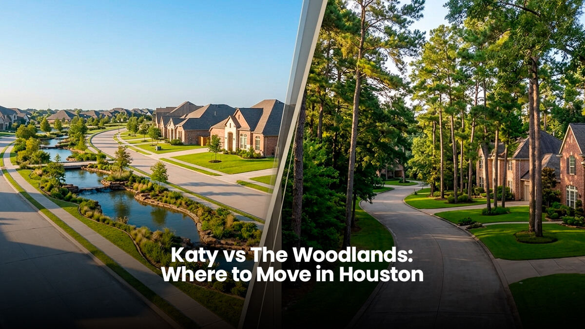 Split screen view of master-planned neighborhoods comparing a modern Katy community with a water feature and a luxury forested estate in The Woodlands near Houston Texas.