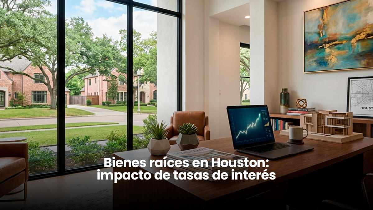 Interior de una moderna oficina inmobiliaria en Houston, Texas, con un ordenador portátil que muestra gráficos del mercado financiero sobre un escritorio de nogal, con vistas a un barrio de lujo a través de grandes ventanales.