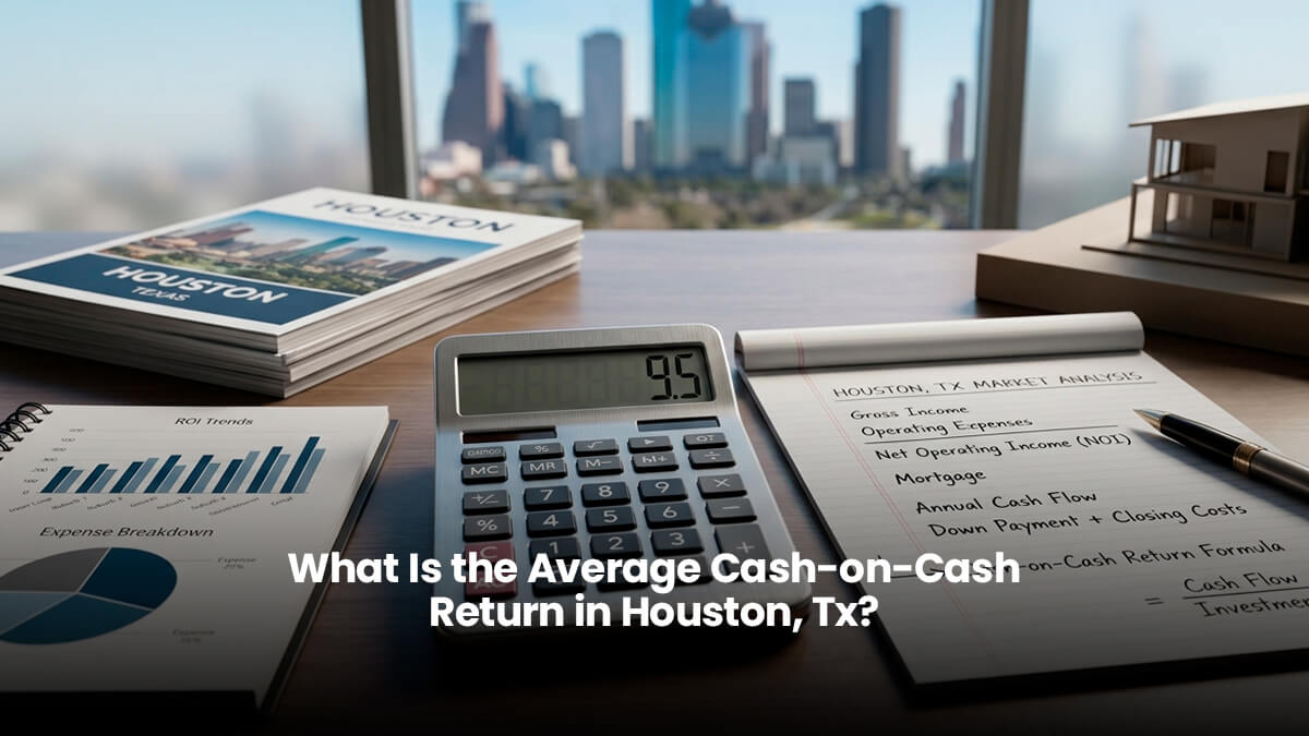 Real estate investment analysis workspace in Houston TX featuring ROI charts, financial calculator, and home model for calculating cash-on-cash return.