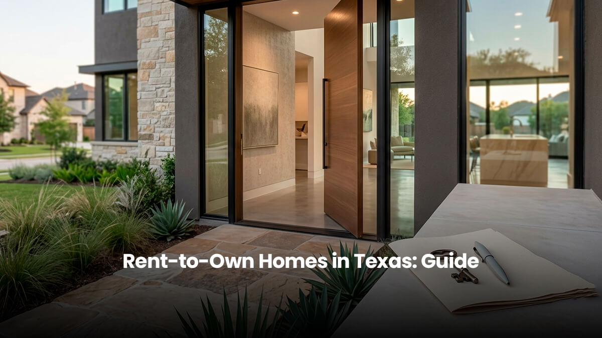 Modern luxury home entry in Houston Texas with an open door, a brass house key, and a signed real estate contract representing a successful rent to own path to homeownership.