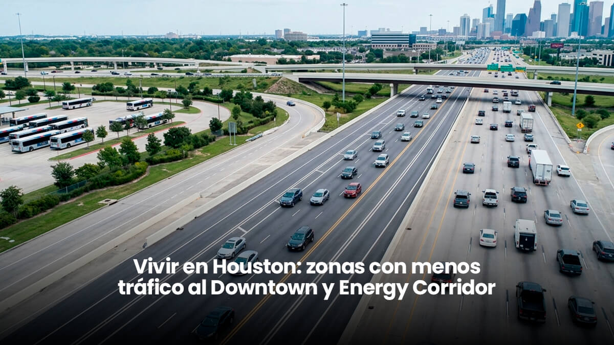 Vista aérea de los carriles de circulación controlada de la autopista Katy Freeway I-10 y la terminal de METRO Park and Ride, con el horizonte del centro de Houston al fondo.