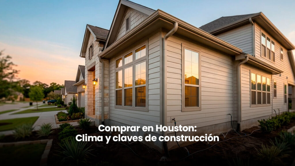Fachada de casa residencial moderna en suburbio de Houston, Texas, mostrando revestimiento resistente al clima y cimientos sólidos sobre suelo arcilloso tipo gumbo, ilustrando claves de construcción local.