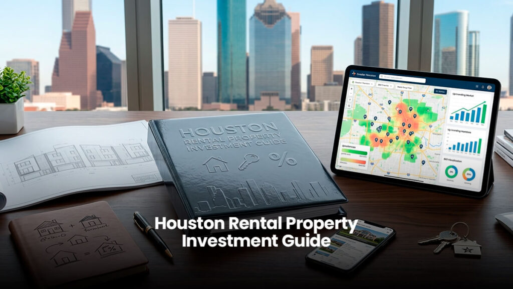 Desk setup for real estate investing featuring a binder titled "Houston Rental Property Investment Guide," a tablet showing a heat map of the Houston market, and a skyline view of downtown Houston, Texas.