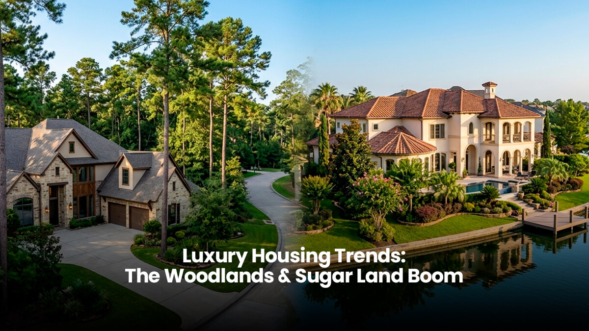 A split professional aerial view contrasting a luxury stone estate nestled under tall pine trees in The Woodlands, Texas, with a magnificent Mediterranean-style waterfront mansion featuring a private dock in Sugar Land, Texas.