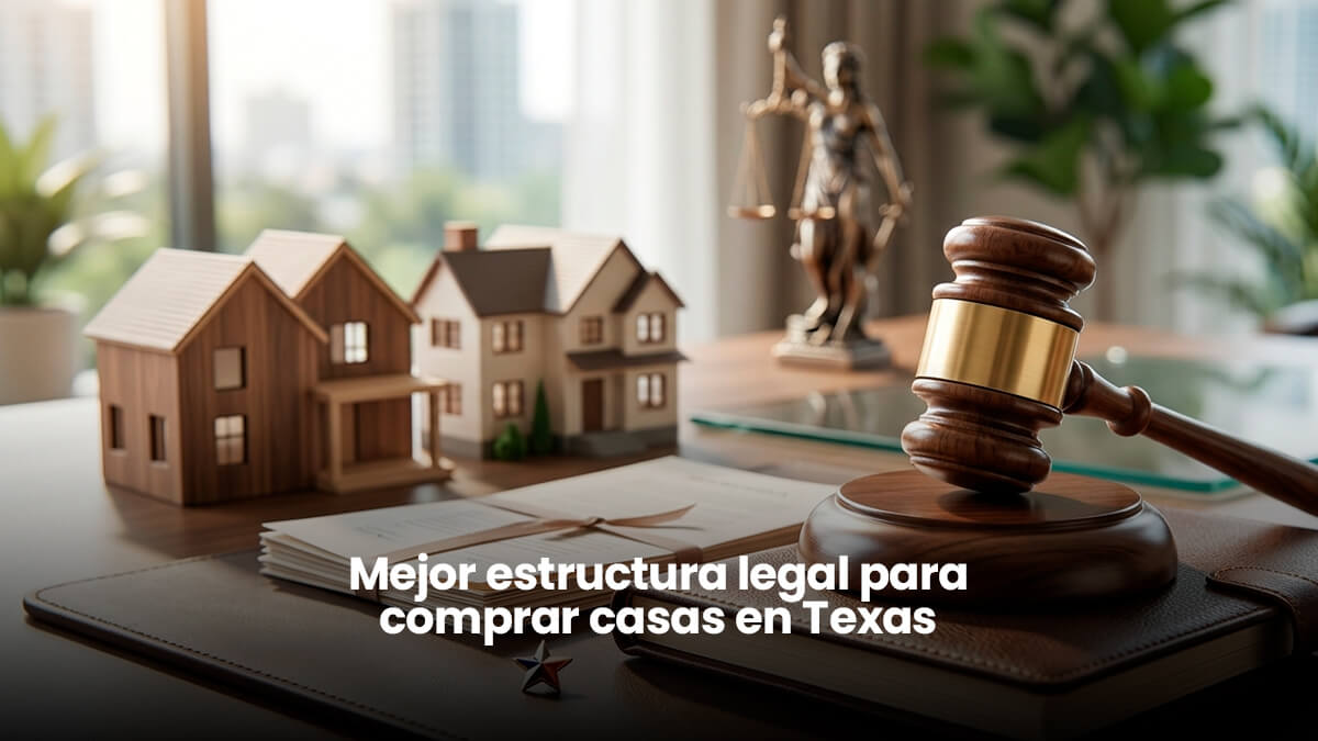 Maqueta de casa moderna en Houston con un martillo de juez y documentos legales, simbolizando la estructura legal para comprar propiedades en Texas.