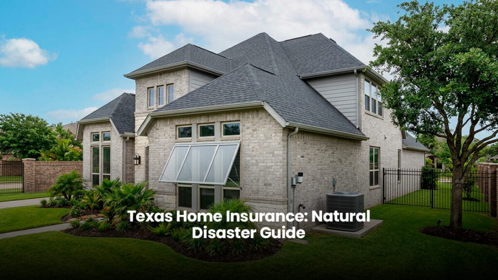 A modern residential home in Houston, Texas, showing structural resilience features like reinforced roof shingles, impact-resistant windows with storm shutters, clean gutters, and well-maintained landscaping to mitigate natural disaster damage from hurricanes, wind, and hail.