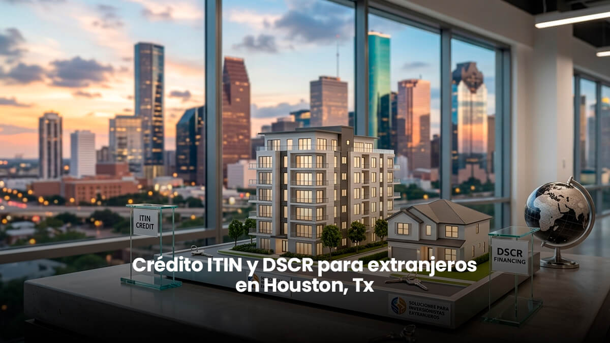 Foto profesional de maqueta arquitectónica moderna con skyline de Houston al fondo, representando oportunidades de inversión inmobiliaria para extranjeros con crédito ITIN o DSCR.
