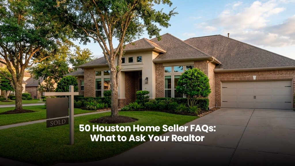 Luxurious suburban single-family home for sale in Houston, Texas, featuring classic brick architecture, well-maintained landscaping, green lawn, a concrete driveway, and a prominent 'SOLD' real estate sign in the front yard at sunset.