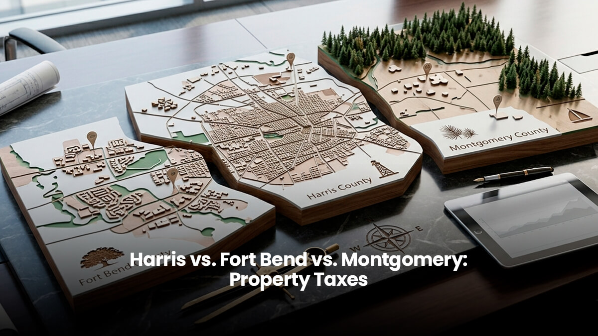 3D architectural map model on a conference table displaying real estate terrain across Harris, Fort Bend, and Montgomery counties in Greater Houston.