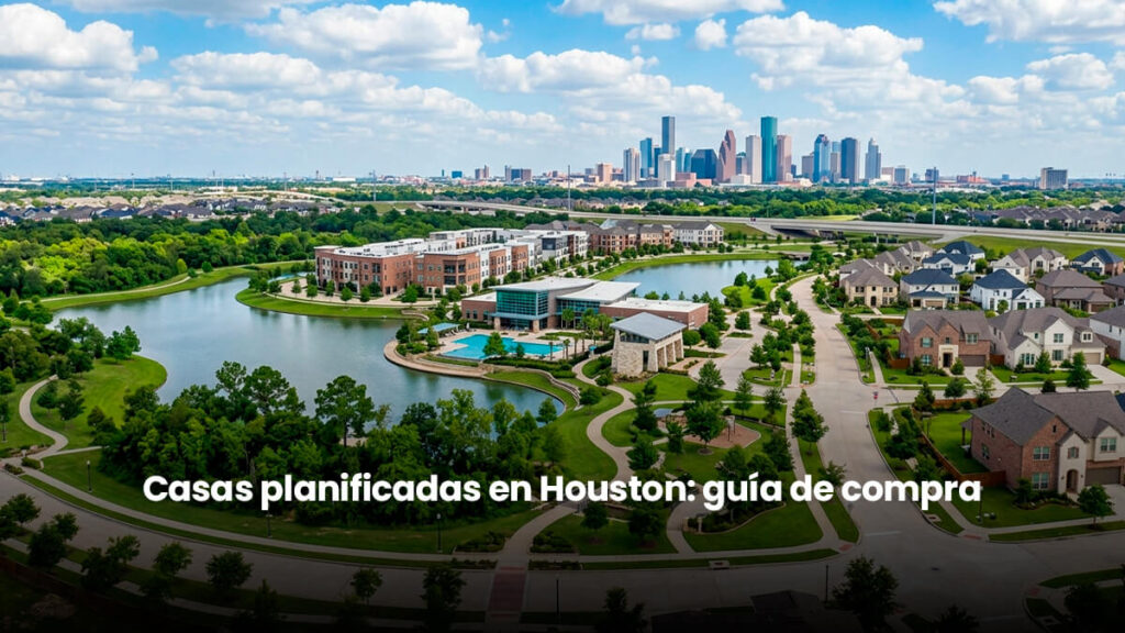Vista aérea de una comunidad planificada en Houston Texas con casas modernas, lagos recreativos, áreas verdes y el skyline al fondo