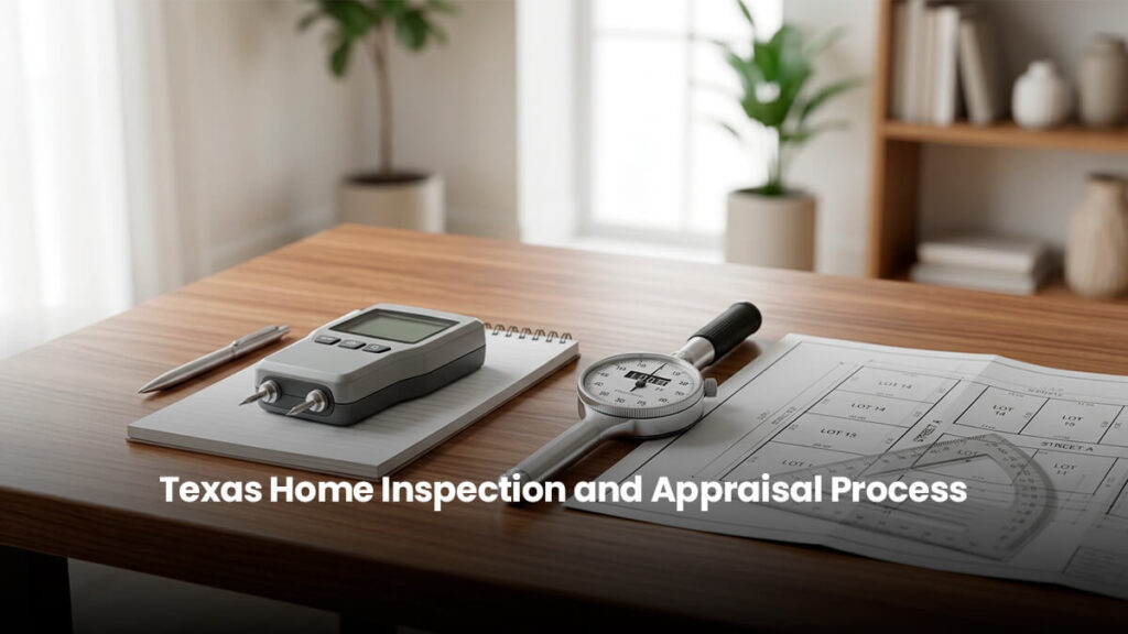 Professional home inspection tools, moisture meter, and property architectural plans on a wooden table in a Houston real estate office.