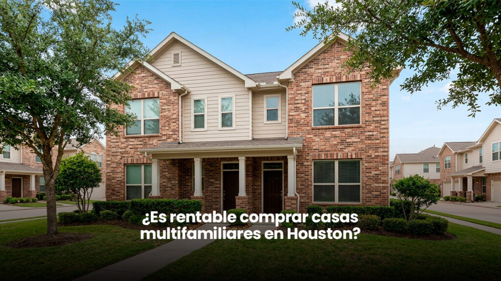 Casa multifamiliar de dos pisos con fachadas de ladrillo y entradas independientes en un vecindario residencial de Houston Texas.