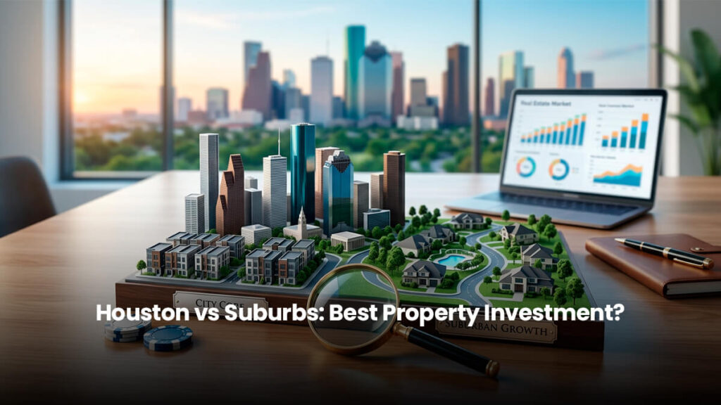 Architectural diorama comparing urban Houston high-rises and suburban master-planned homes on an executive desk with real estate market analytics.