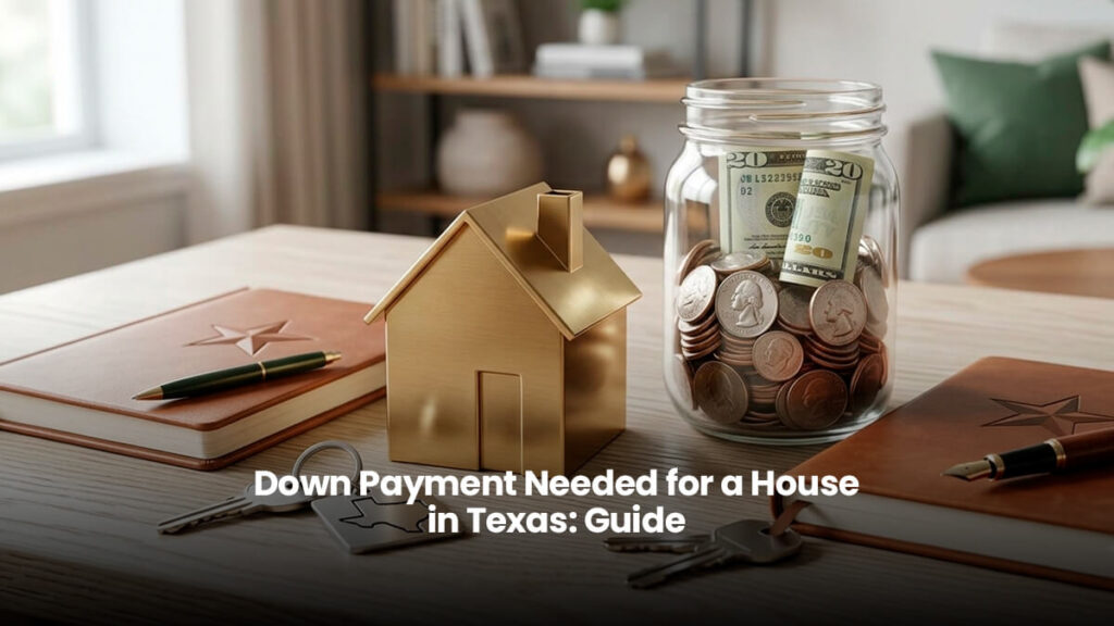 A house model, savings jar, and Texas keychain on a desk representing down payment needed for a house in Texas.