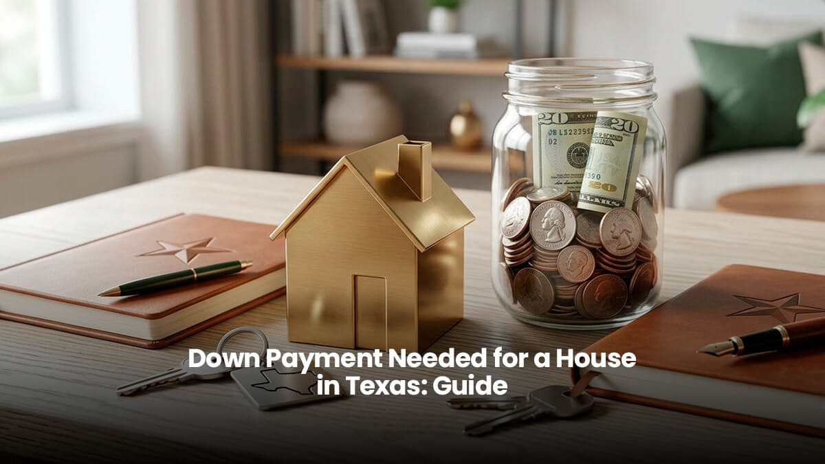 A house model, savings jar, and Texas keychain on a desk representing down payment needed for a house in Texas.