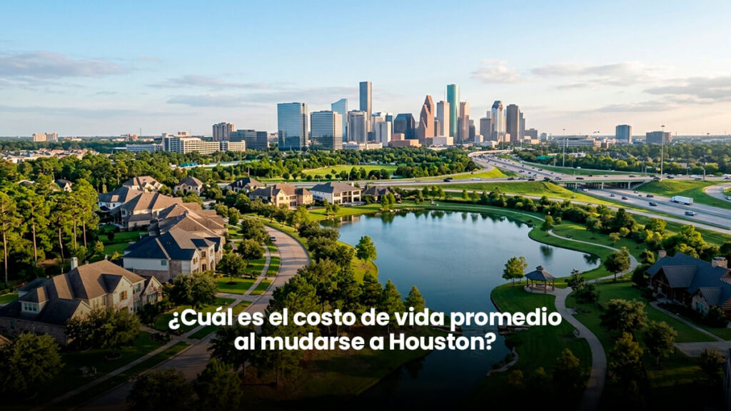 Vista aérea de vecindario residencial con casas en Houston Texas y rascacielos del centro al fondo