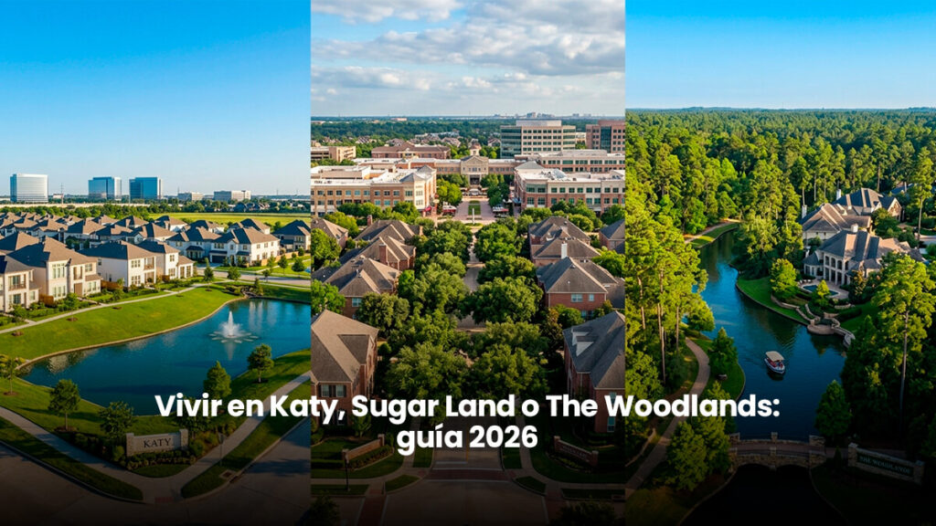 Vista panorámica aérea dividida en tres paneles que muestran el mercado inmobiliario del Gran Houston: a la izquierda, casas modernas en Katy cerca del Energy Corridor con lago y fuente; en el centro, el centro urbano y vecindarios residenciales de Sugar Land; a la derecha, casas de lujo integradas en el bosque y el canal navegable de The Woodlands Township. Imagen profesional de bienes raíces para guía de relocalización 2026.