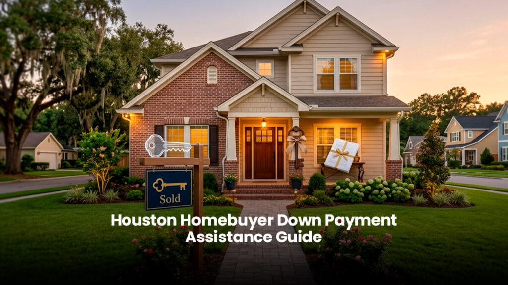 A welcoming professional photograph of a luxury suburban home in Houston, Texas, with a 'Sold' sign and an antique key in the foreground, featuring a literal path made of dollar bills leading to the front door, symbolizing a successful home purchase using Houston down payment assistance programs provided by REALTOR® Aida Villalobos.