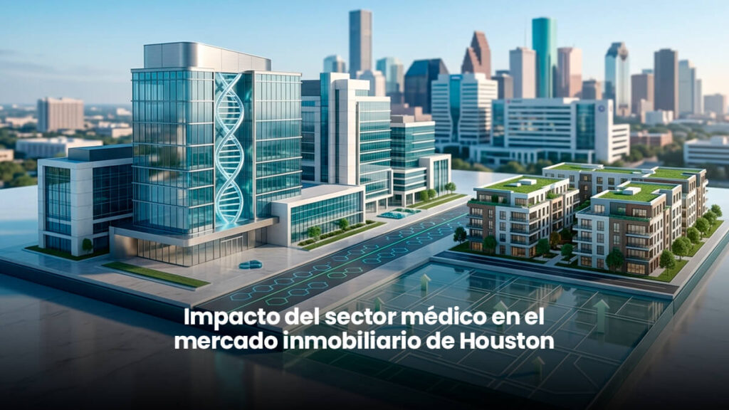 Representación 3D del distrito médico y residencial de Houston con el horizonte urbano de fondo, simbolizando el impacto e inversión del Texas Medical Center y TMC Helix Park en bienes raíces.