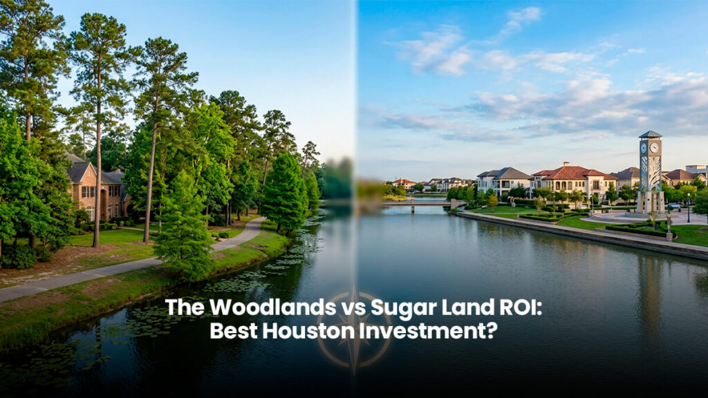 High-angle aerial view of luxury single-family homes and scenic waterways comparing real estate in The Woodlands and Sugar Land Texas.