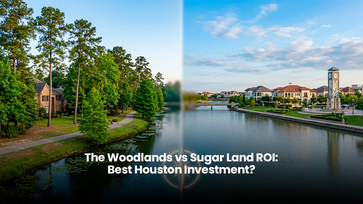 High-angle aerial view of luxury single-family homes and scenic waterways comparing real estate in The Woodlands and Sugar Land Texas.
