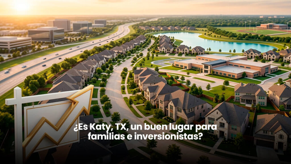 Vista aérea de un vecindario residencial en Katy Texas con casas modernas, calles arboladas, un lago de comunidad planificada y un letrero inmobiliario con gráfica de crecimiento.