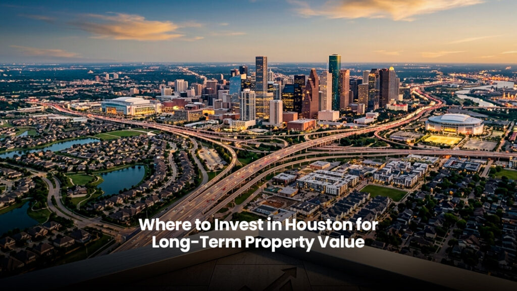 Elevated architectural perspective overlooking the Greater Houston skyline at sunset, symbolizing a rising trend in property value and investment growth across inner-loop and suburban master-planned communities. Image incorporates a modern stone parapet with a carved growth chart, looking out over diverse residential zones, commercial centers, and major highway corridors.