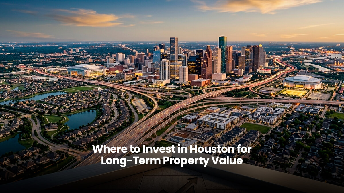Elevated architectural perspective overlooking the Greater Houston skyline at sunset, symbolizing a rising trend in property value and investment growth across inner-loop and suburban master-planned communities. Image incorporates a modern stone parapet with a carved growth chart, looking out over diverse residential zones, commercial centers, and major highway corridors.