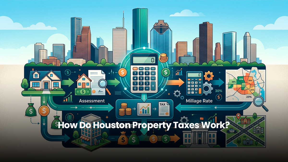 Modern digital illustration representing Houston property tax calculations with residential buildings, valuation documents, and financial symbols against the city skyline.