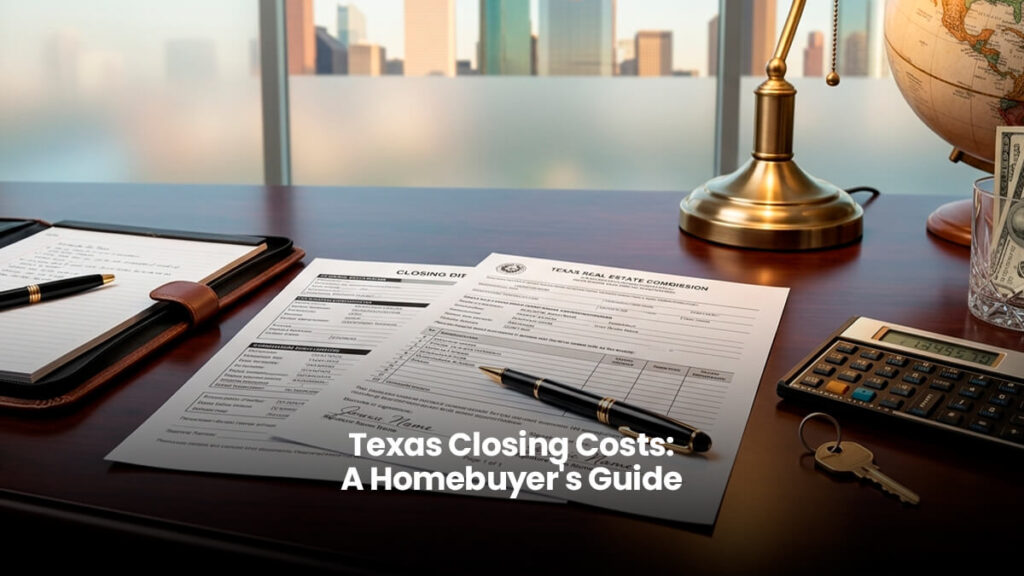 Professional closing cost documents on a wooden desk with house keys, pen, calculator, and a view of the Houston Texas skyline in the background.